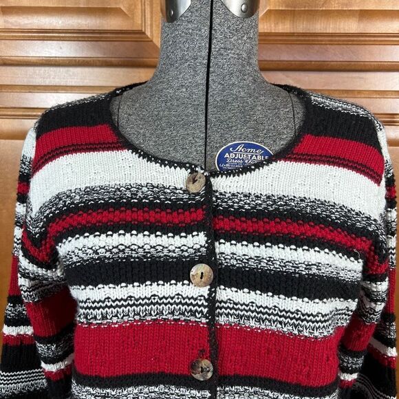 Vintage Reba Rose Made in New York Black White and Red Striped Knitted Cardigan - Picture 11 of 15